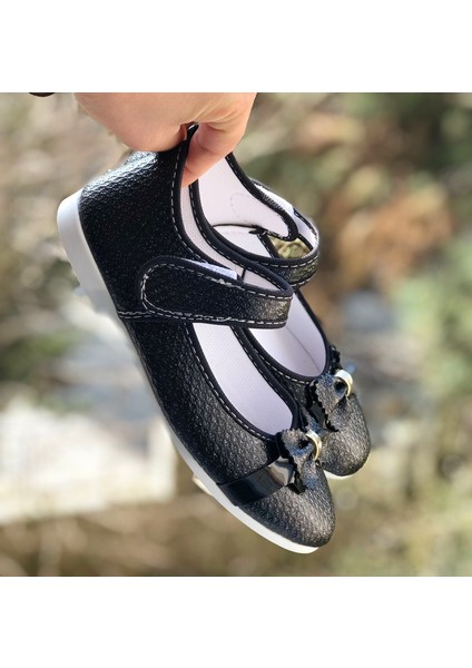 Kız Çocuk Cırt Cırtlı Siyah Babet , Fiyonk Detaylı Kaydırmaz Taban modelleri