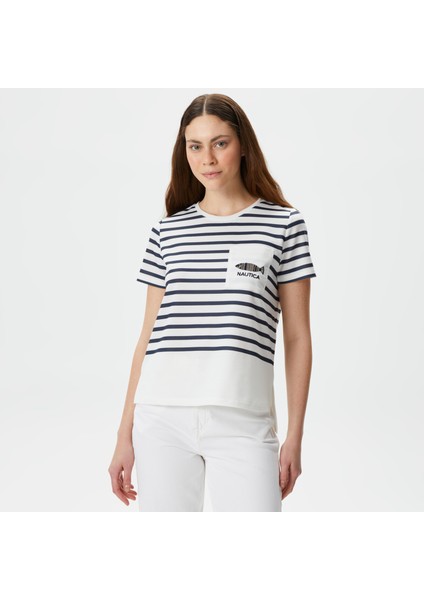 Kadın Beyaz Regular Fit Çizgili T-Shirt 45V715T.1BW