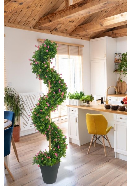 Yapay Ağaç Spiral Pembe Mineli Şimşir Ağacı 160CM Bambu Saplı Salon Bitkisi
