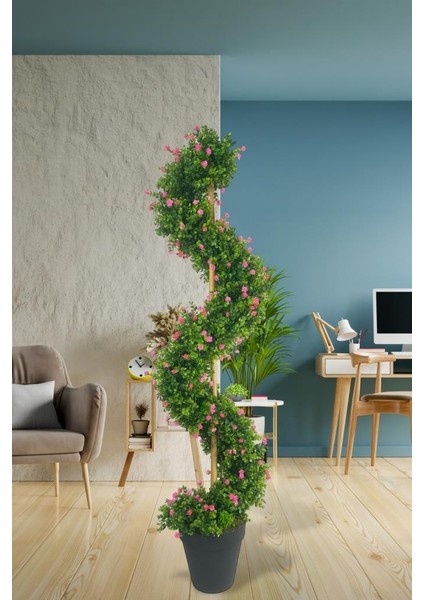 Yapay Ağaç Spiral Pembe Mineli Şimşir Ağacı 160CM Bambu Saplı Salon Bitkisi
