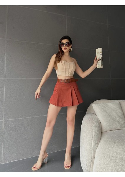 Kendinden Kemerli Pileli Şortlu Etek