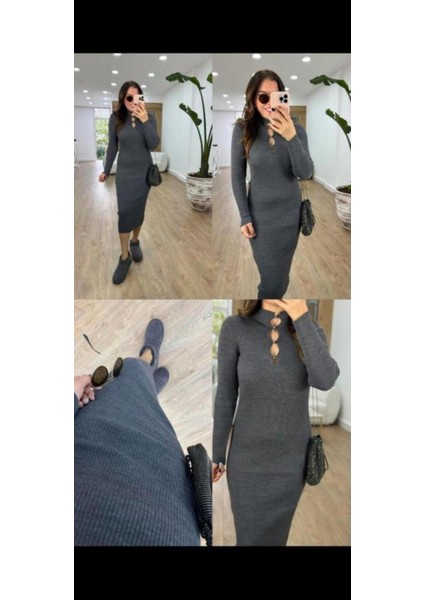 Kadın Balıkçı Yaka Düğme Detay Fitilli Midi Boy Triko Elbise