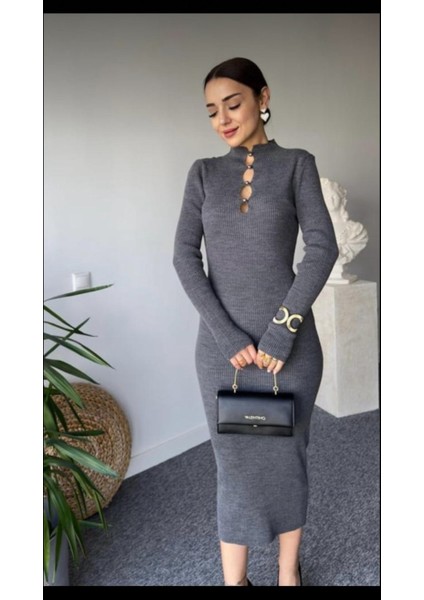 Kadın Balıkçı Yaka Düğme Detay Fitilli Midi Boy Triko Elbise fiyatları