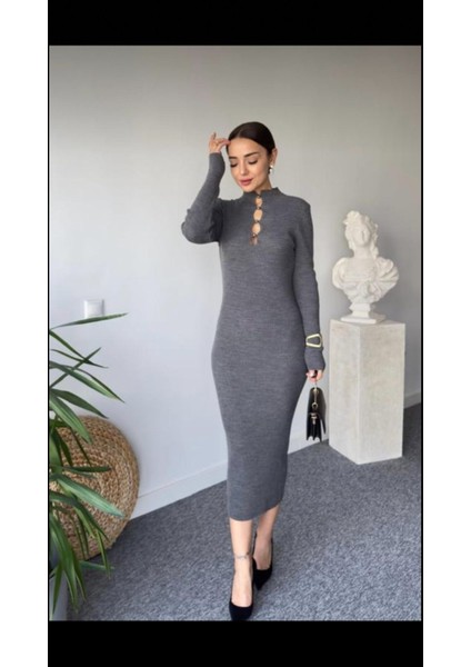 Kadın Balıkçı Yaka Düğme Detay Fitilli Midi Boy Triko Elbise modelleri