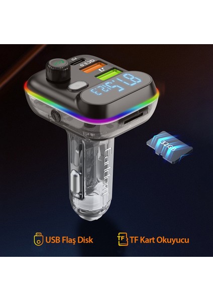 Bluetooth Usb3.0 ve Type C Pd Hızlı Şarj Fm Transmitter
