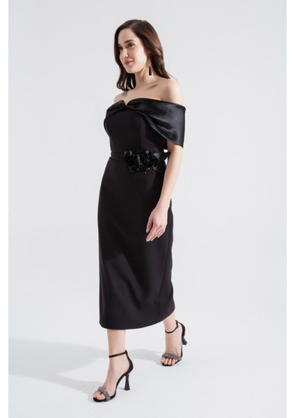 Kadın Siyah Kayık Yaka Fiyonklu Midi Abiye Elbise fiyatları