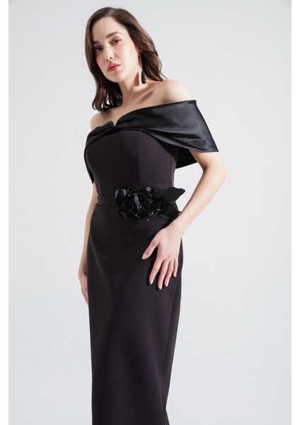 Kadın Siyah Kayık Yaka Fiyonklu Midi Abiye Elbise modelleri