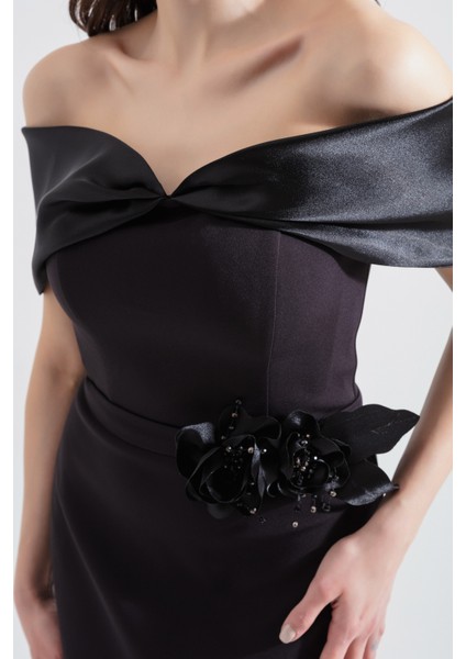 Kadın Siyah Kayık Yaka Fiyonklu Midi Abiye Elbise fırsatları