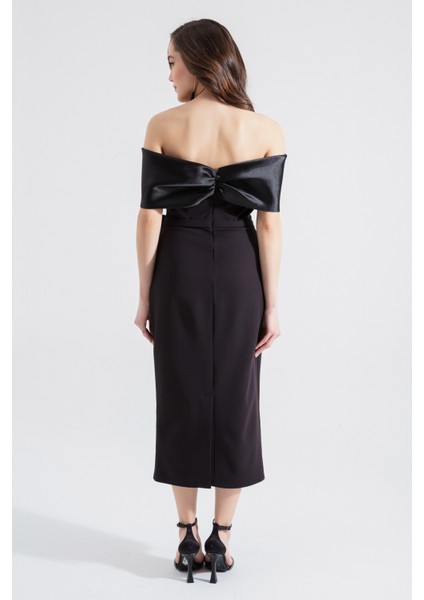 Kadın Siyah Kayık Yaka Fiyonklu Midi Abiye Elbise indirimleri