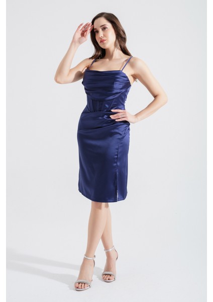 Kadın Lacivert Mini Saten Abiye Elbise