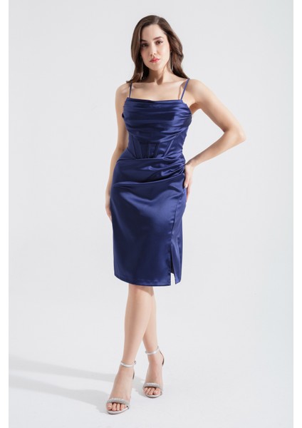 Kadın Lacivert Mini Saten Abiye Elbise modelleri