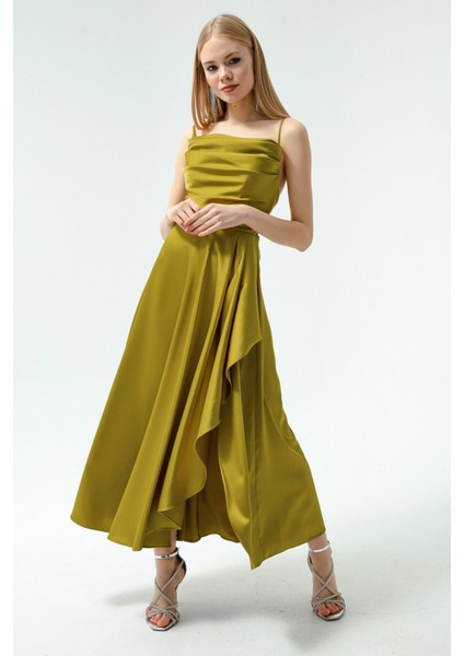Kadın Yağ Yeşili Volanlı Yırtmaçlı Saten Midi Boy Abiye & Mezuniyet Elbisesi