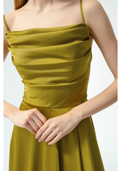 Kadın Yağ Yeşili Volanlı Yırtmaçlı Saten Midi Boy Abiye & Mezuniyet Elbisesi fiyatları