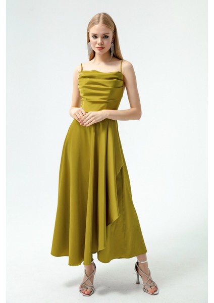 Kadın Yağ Yeşili Volanlı Yırtmaçlı Saten Midi Boy Abiye & Mezuniyet Elbisesi modelleri