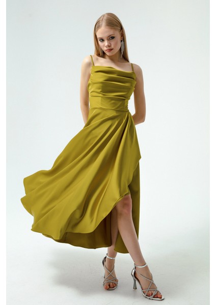 Kadın Yağ Yeşili Volanlı Yırtmaçlı Saten Midi Boy Abiye & Mezuniyet Elbisesi fırsatları