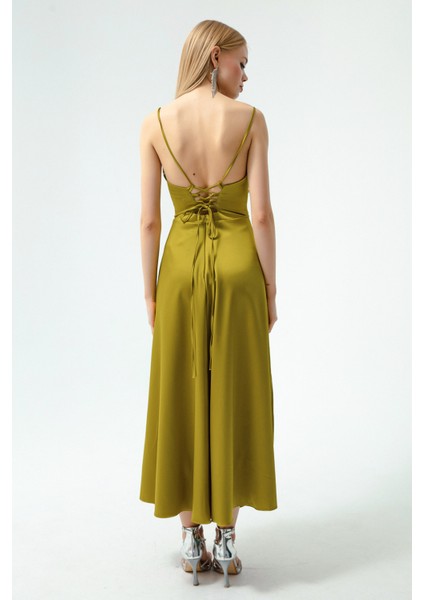 Kadın Yağ Yeşili Volanlı Yırtmaçlı Saten Midi Boy Abiye & Mezuniyet Elbisesi indirimleri