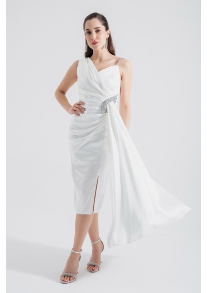 Kadın Beyaz Tek Omuzlu Taşlı Midi Abiye Elbise
