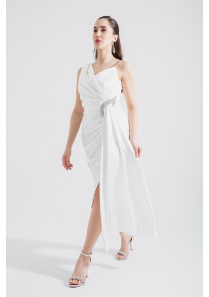 Kadın Beyaz Tek Omuzlu Taşlı Midi Abiye Elbise fiyatları