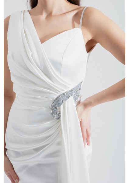 Kadın Beyaz Tek Omuzlu Taşlı Midi Abiye Elbise fırsatları