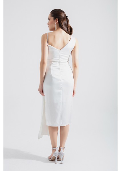 Kadın Beyaz Tek Omuzlu Taşlı Midi Abiye Elbise indirimleri