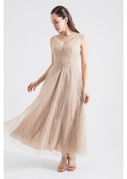 Kadın Bej V Yaka Simli Midi Abiye Elbise