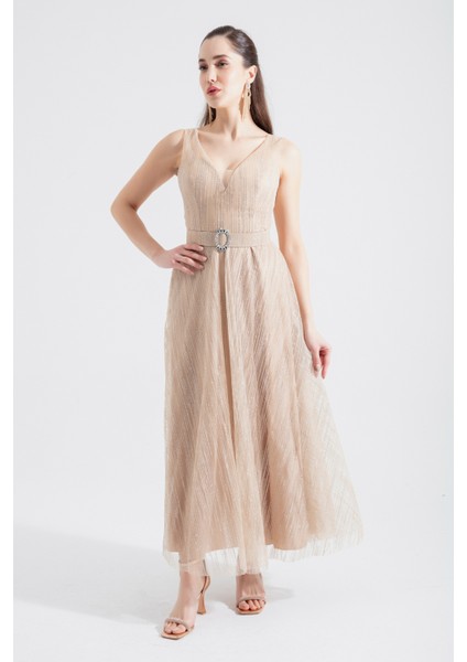 Kadın Bej V Yaka Simli Midi Abiye Elbise fiyatları