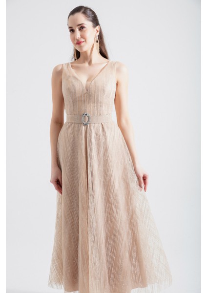 Kadın Bej V Yaka Simli Midi Abiye Elbise modelleri