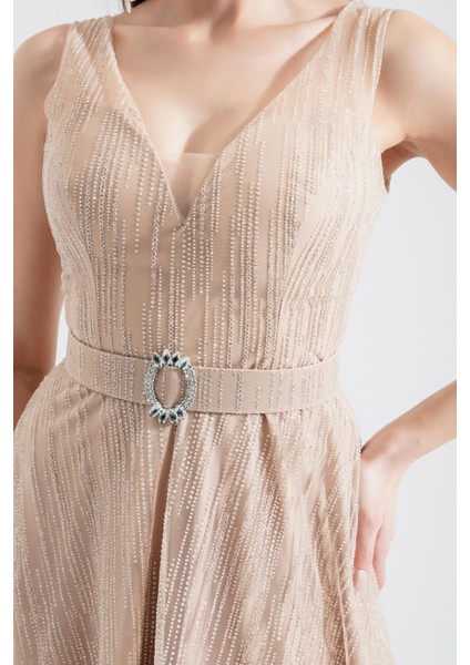 Kadın Bej V Yaka Simli Midi Abiye Elbise fırsatları