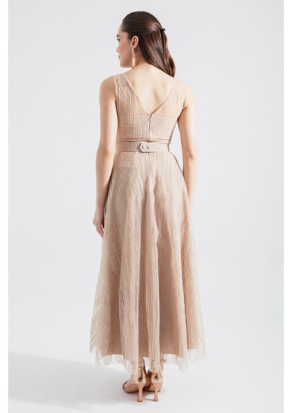 Kadın Bej V Yaka Simli Midi Abiye Elbise indirimleri