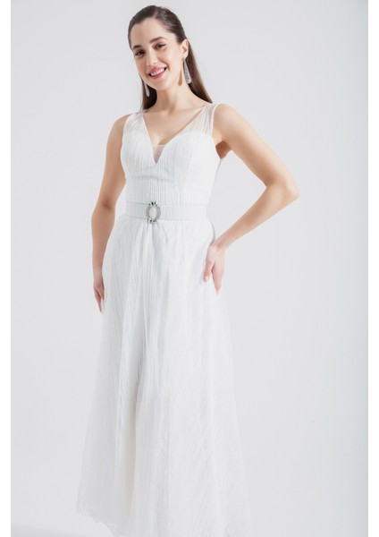 Kadın Beyaz V Yaka Simli Midi Abiye Elbise fiyatları