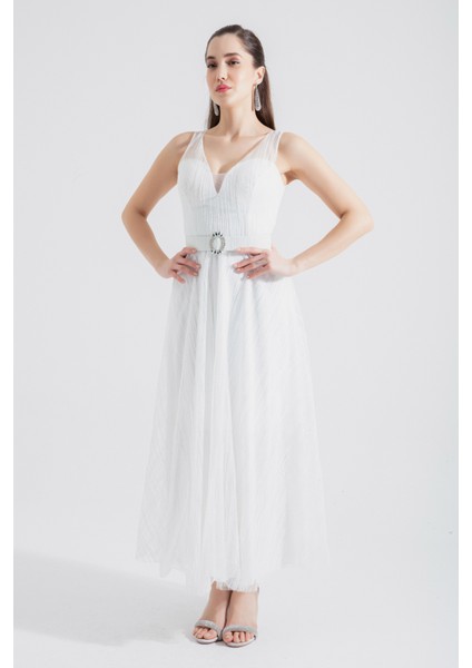 Kadın Beyaz V Yaka Simli Midi Abiye Elbise fırsatları