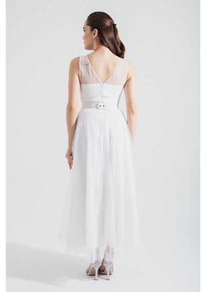 Kadın Beyaz V Yaka Simli Midi Abiye Elbise indirimleri