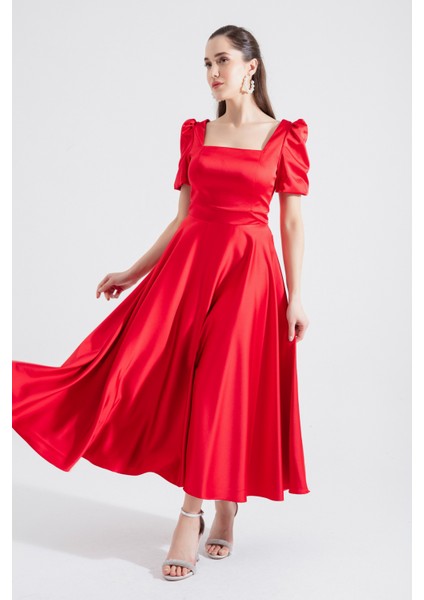 Kadın Kırmızı Kare Yaka Balon Kollu Midi Abiye Elbise