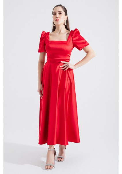 Kadın Kırmızı Kare Yaka Balon Kollu Midi Abiye Elbise fiyatları