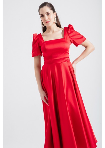 Kadın Kırmızı Kare Yaka Balon Kollu Midi Abiye Elbise modelleri