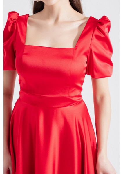 Kadın Kırmızı Kare Yaka Balon Kollu Midi Abiye Elbise fırsatları