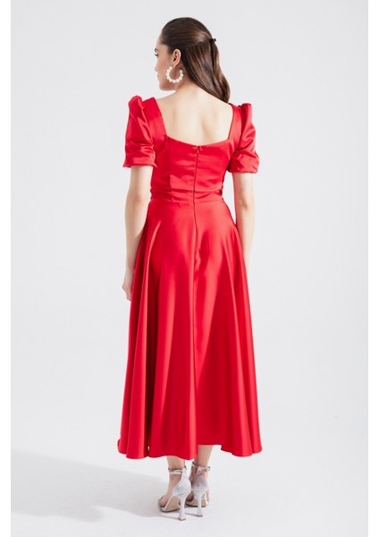 Kadın Kırmızı Kare Yaka Balon Kollu Midi Abiye Elbise indirimleri