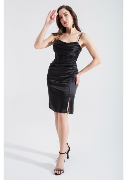 Kadın Siyah Mini Saten Abiye Elbise