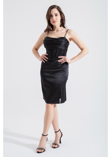 Kadın Siyah Mini Saten Abiye Elbise fiyatları