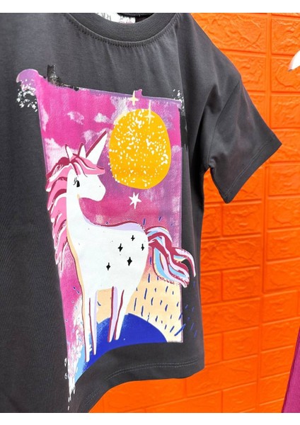 Unicorn Baskılı Kısa Kollu Ispanyol Taytlı Alt Üst Takım modelleri