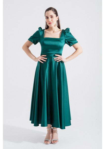 Kadın Zümrüt Yeşili Kare Yaka Balon Kollu Midi Abiye Elbise fiyatları