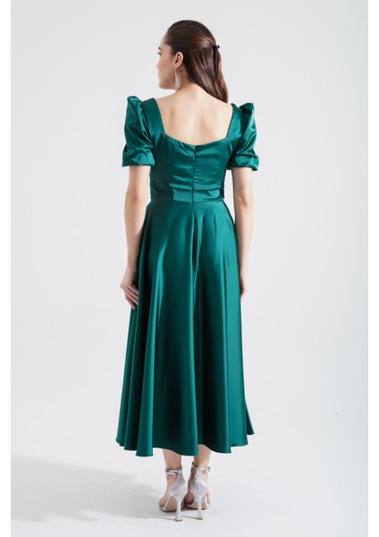 Kadın Zümrüt Yeşili Kare Yaka Balon Kollu Midi Abiye Elbise indirimleri
