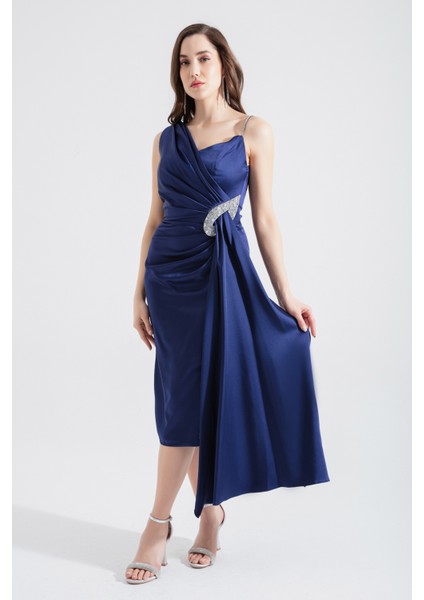 Kadın Lacivert Tek Omuzlu Taşlı Midi Abiye Elbise fiyatları