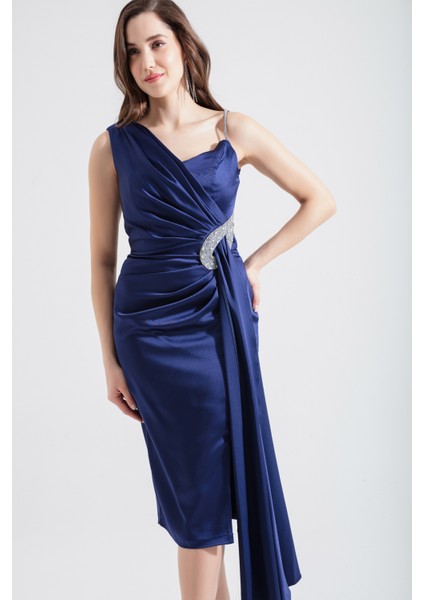 Kadın Lacivert Tek Omuzlu Taşlı Midi Abiye Elbise modelleri