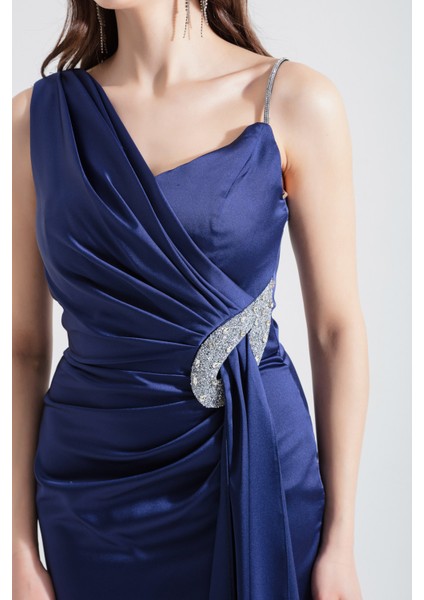 Kadın Lacivert Tek Omuzlu Taşlı Midi Abiye Elbise fırsatları