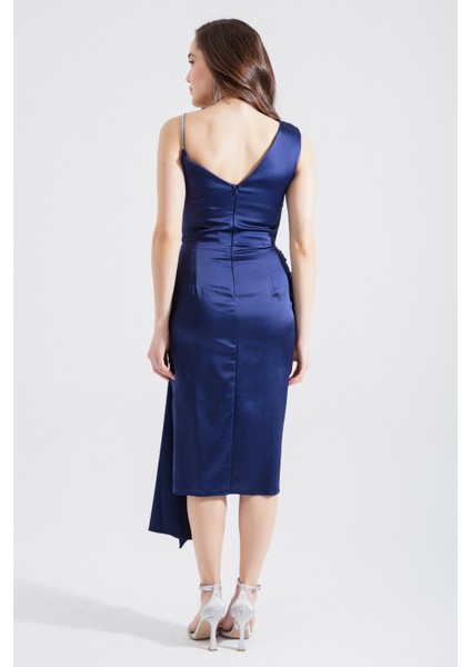 Kadın Lacivert Tek Omuzlu Taşlı Midi Abiye Elbise indirimleri