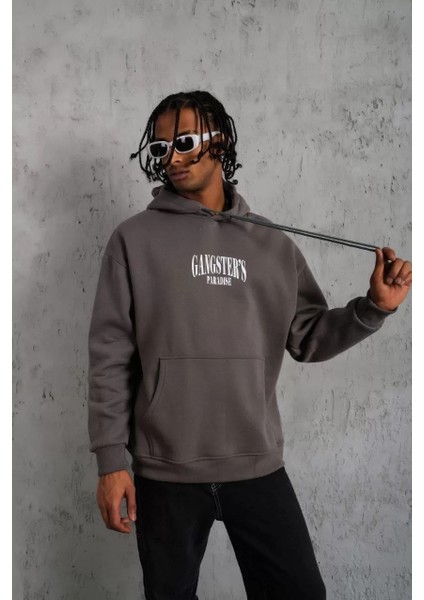 Erkek Paradise Baskılı Kapüşonlu Sweat - Gri