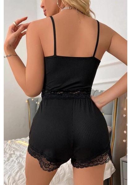 Viskon Siyah Askılı Dantelli Zarif Şortlu Takım fiyatları
