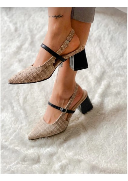 Cindy Bej Siyah Truf Topuklu Sandalet