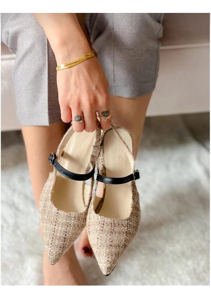 Cindy Bej Siyah Truf Topuklu Sandalet